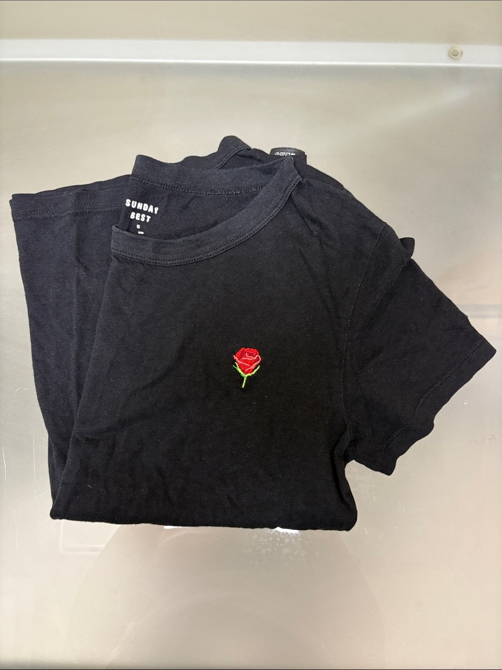 Sunday Best Black Short-Sleeve Tee with Small Red Rose Embroidery